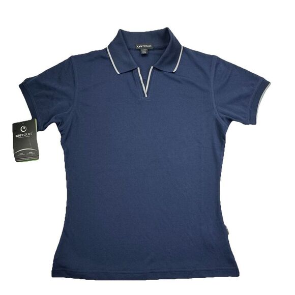 On Tour Blue WEBtech Golf Polo Womens XS Navy Silver Trim Moisture Management - Picture 1 of 7